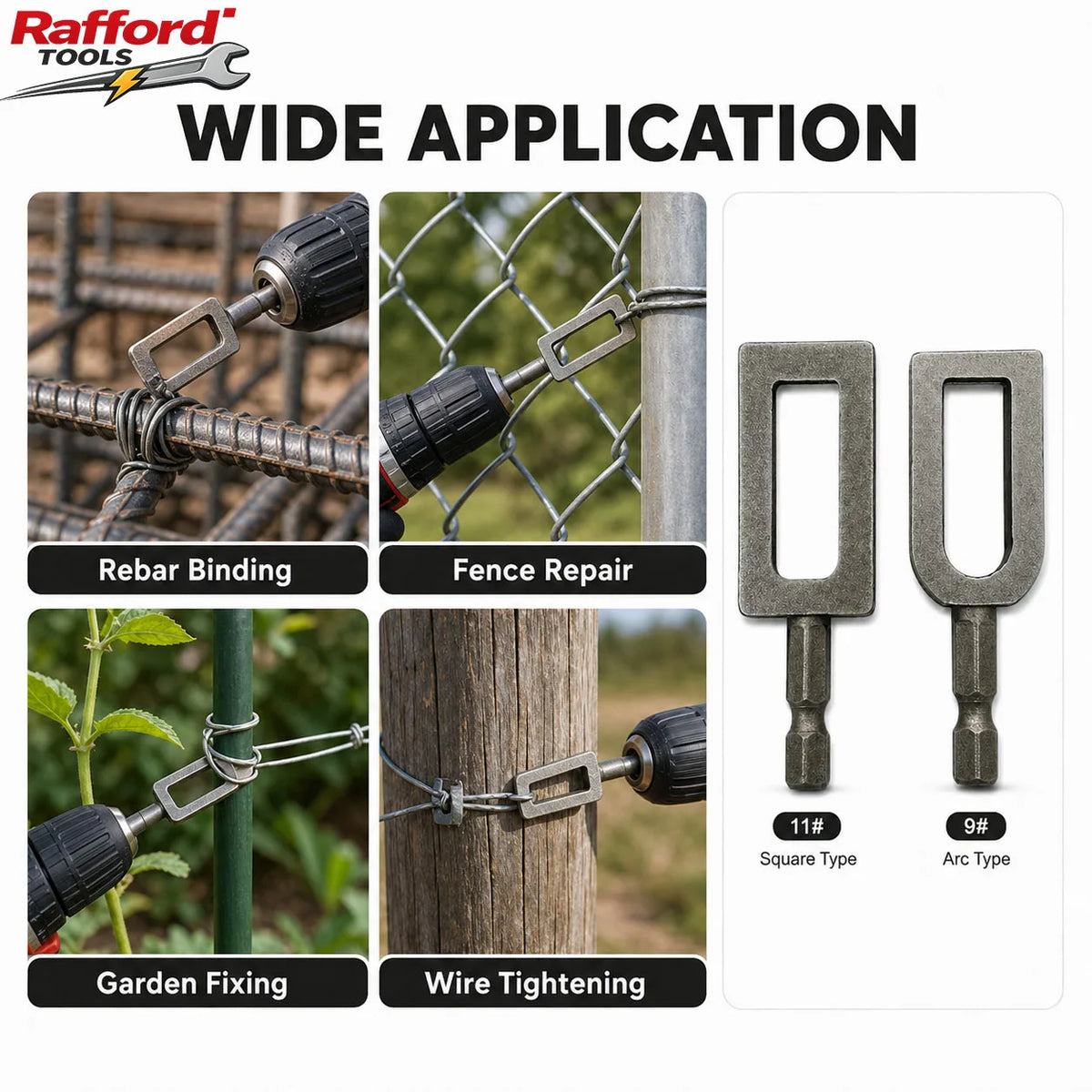 Rafford Tools wide application showing various wire and rebar binding tools for fence repair and garden fixing