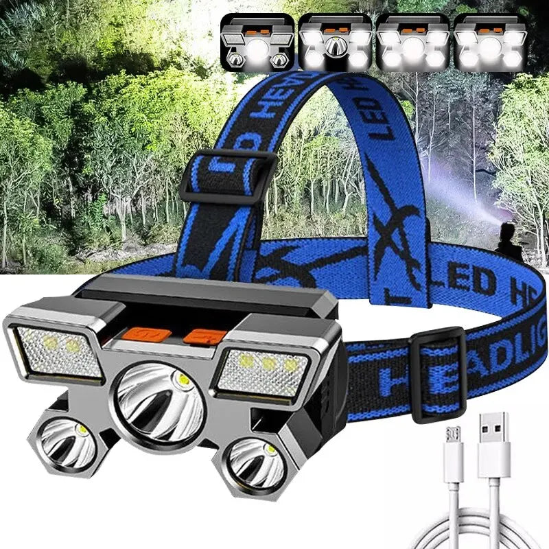 A black LED headlamp is shown with multiple light configurations and a blue strap, set against a natural outdoor background.