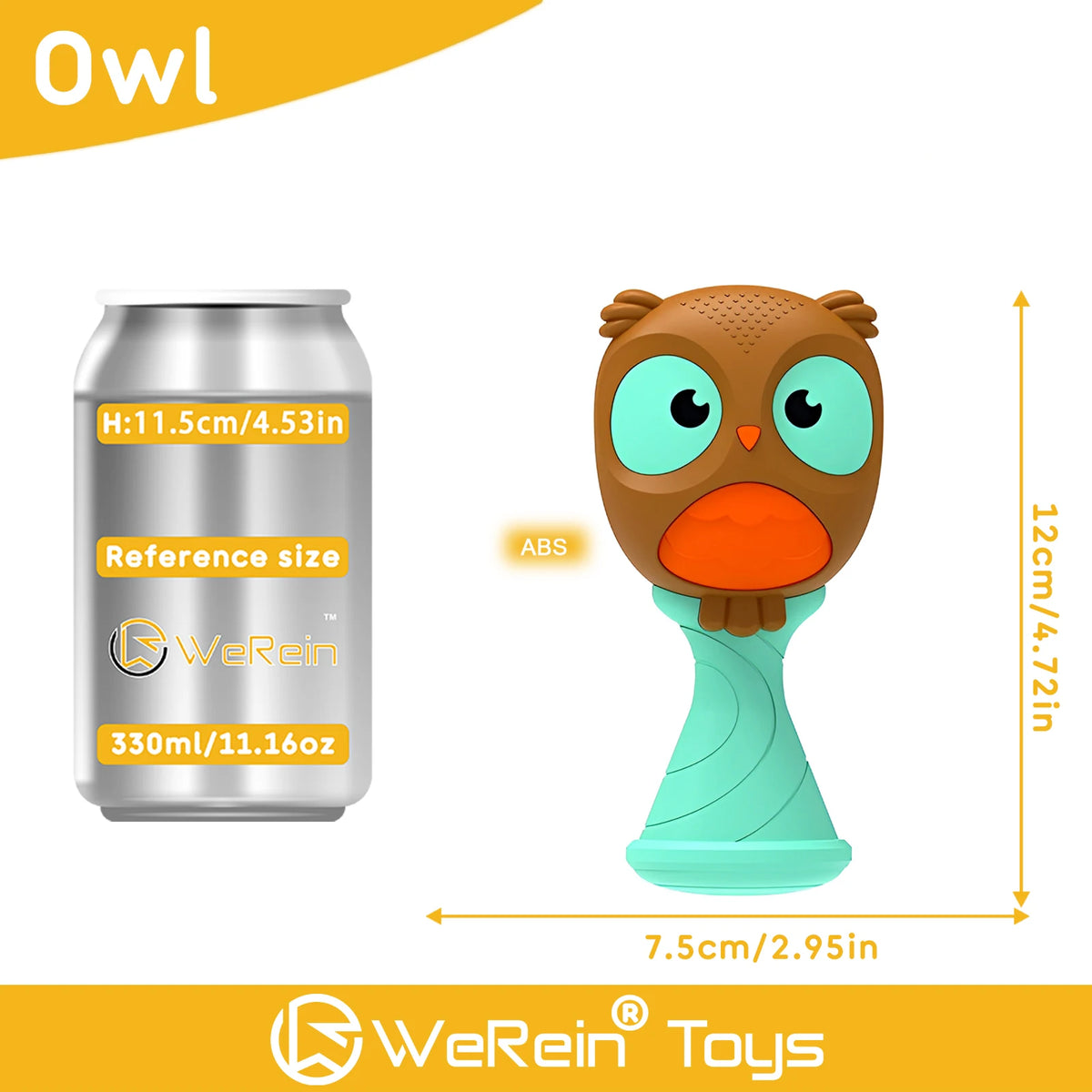 A brown owl-shaped rattle toy is shown next to a silver aluminum can, demonstrating the size of the toy.