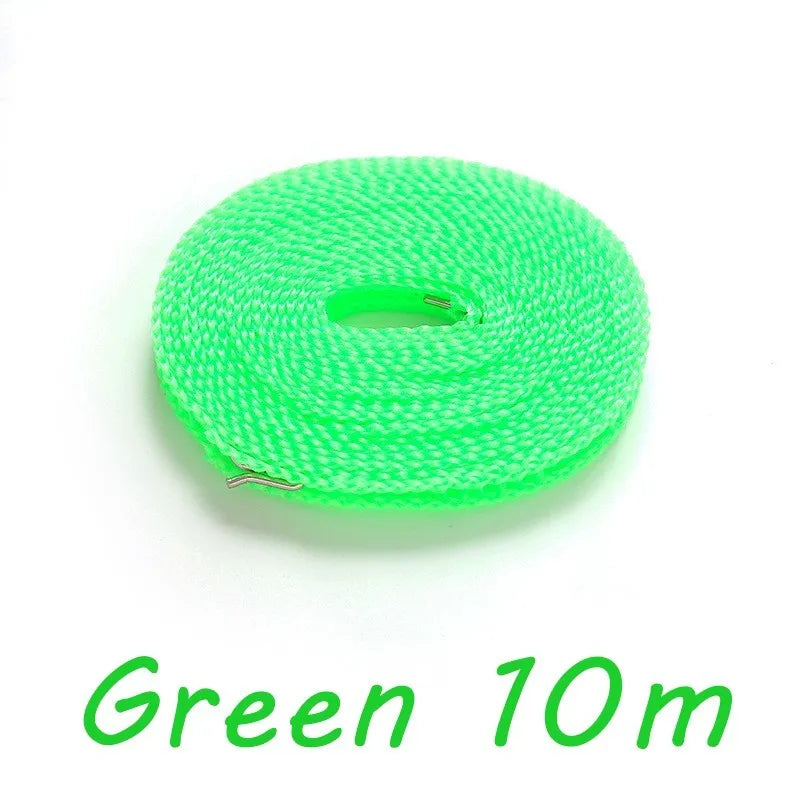 Green 10 meter nylon clothesline with hooks rolled up
