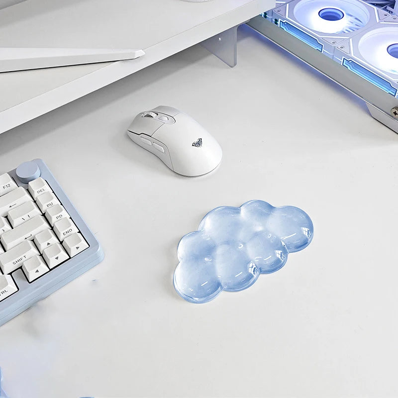 A white ergonomic wrist rest set featuring soft, cloud-shaped silicone pads for a keyboard and mouse.