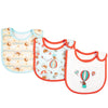 A set of three soft cotton baby bibs with various cartoon prints featuring animals and balloons.