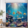 Ocean life shower curtain featuring colorful fish and a sea turtle underwater scene