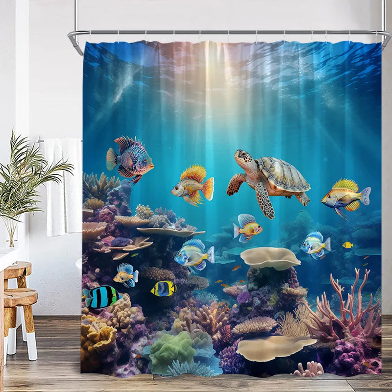 Ocean life shower curtain featuring colorful fish and a sea turtle underwater scene