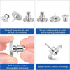 A set of silver snap buttons and a screwdriver are shown with various features like rust resistance and reusability.
