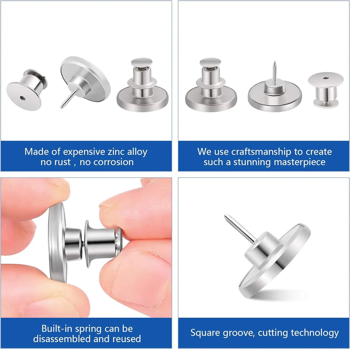 A set of silver snap buttons and a screwdriver are shown with various features like rust resistance and reusability.