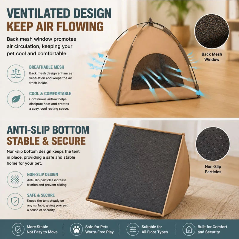A beige pet teepee tent shown open, highlighting breathable mesh and an anti-slip bottom design.