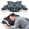 A dark blue ergonomic memory foam pillow with an ice silk cover is shown being used for neck pain relief.