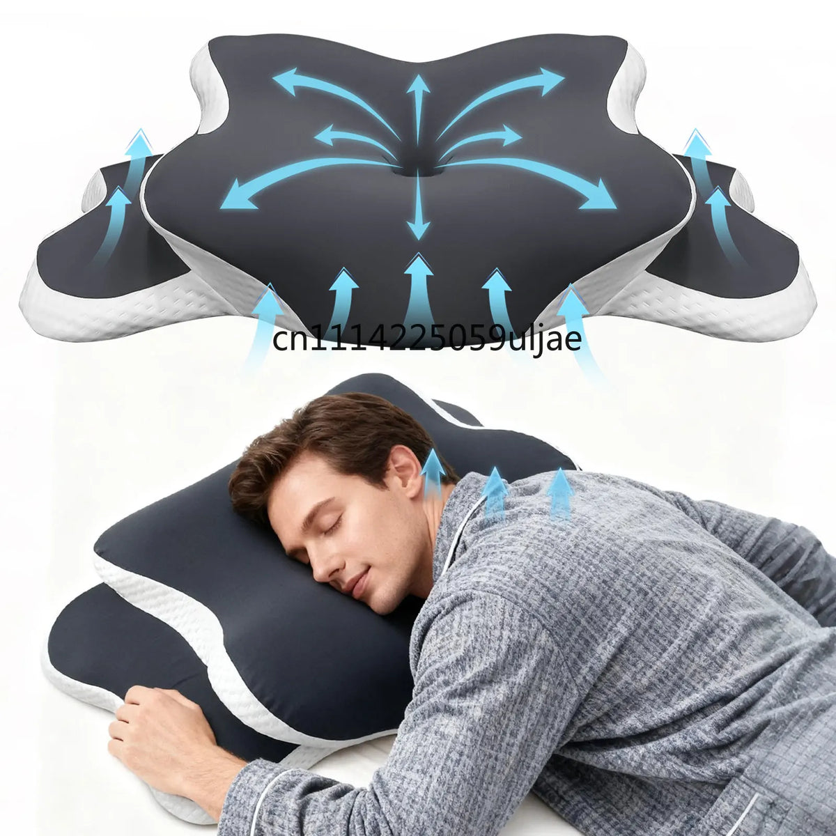 A dark blue ergonomic memory foam pillow with an ice silk cover is shown being used for neck pain relief.