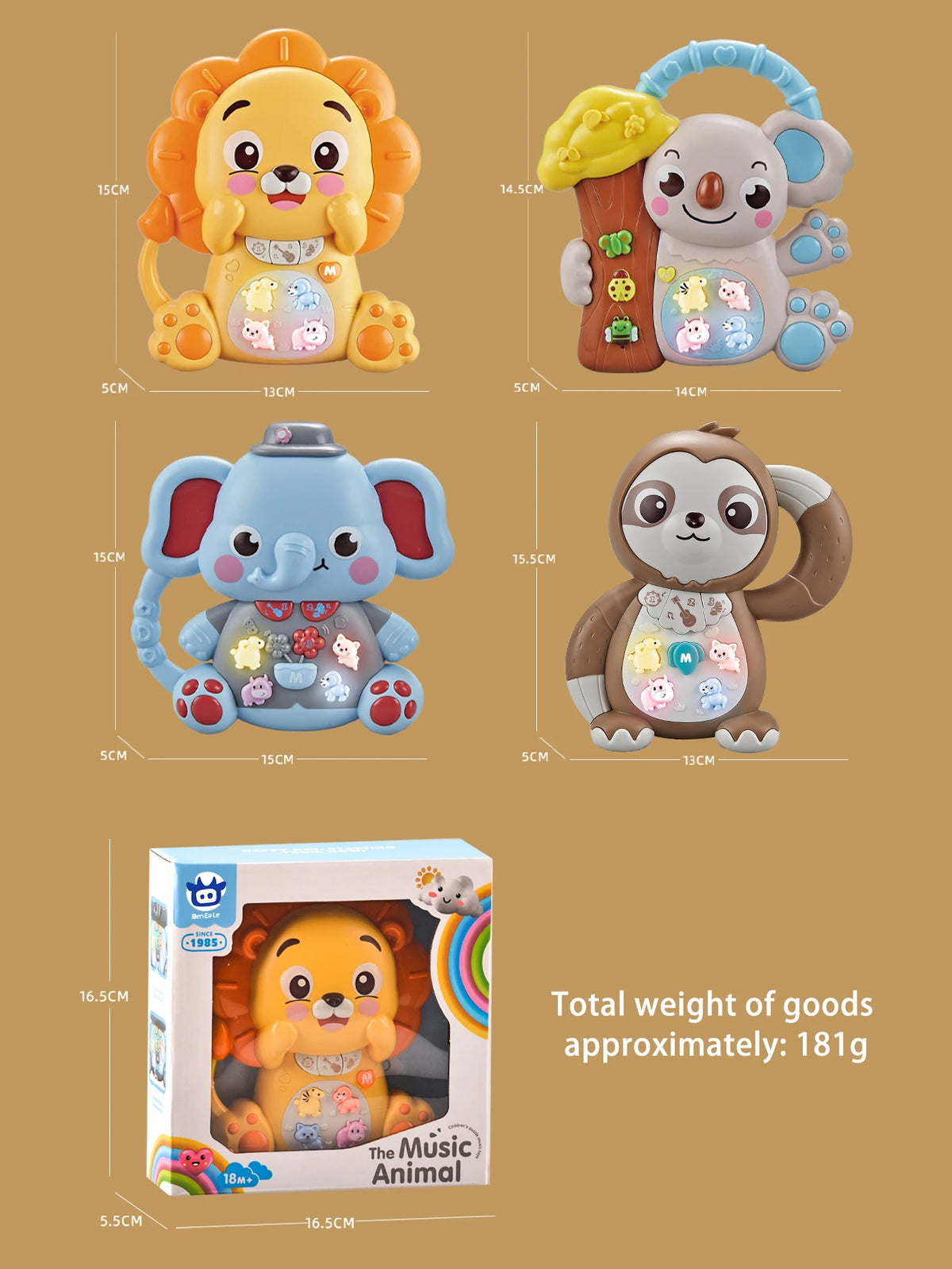 A collection of cartoon animal music piano keyboards with lights for toddlers, including a lion, elephant, and panda.