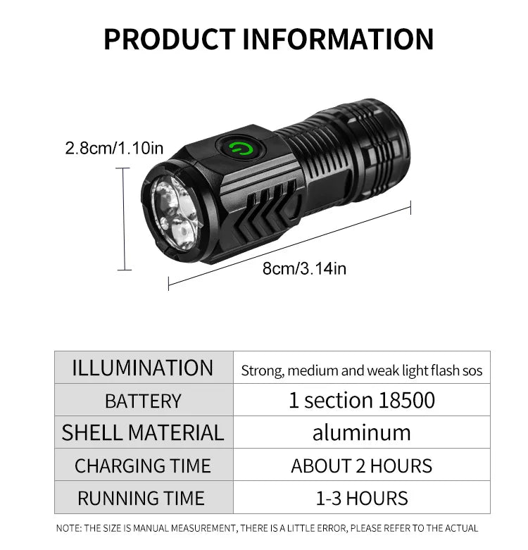 A black pocket-sized 3-LED rechargeable flashlight with a textured body and lens visible from the side.