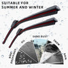 A pair of black frameless wiper blades shown against a background of water droplets, suitable for summer and winter use.