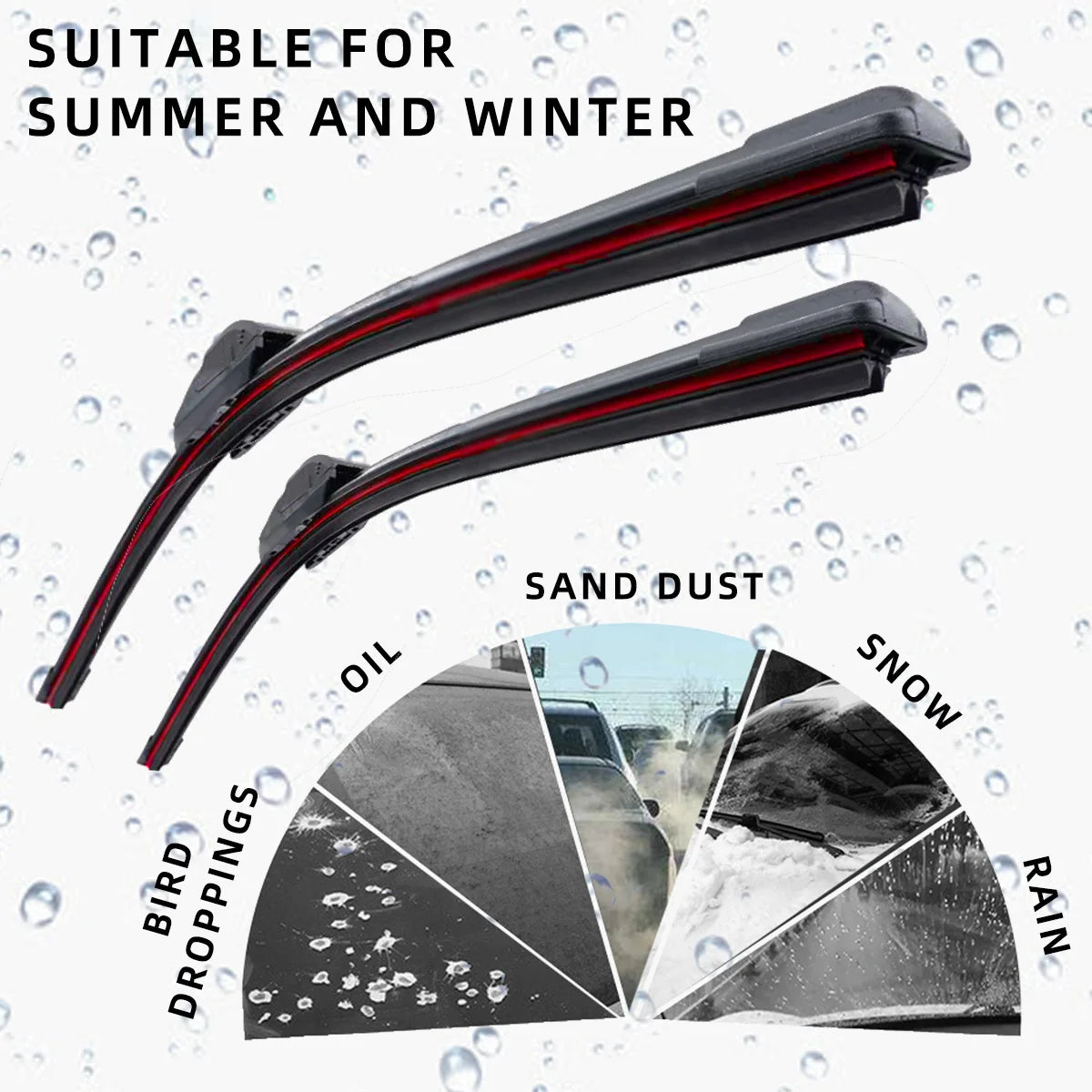 A pair of black frameless wiper blades shown against a background of water droplets, suitable for summer and winter use.