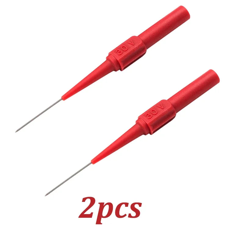 Two red multimeter back-piercing test probe needles with 30V markings