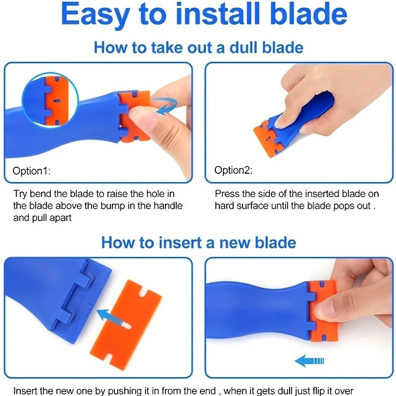 Instructions for installing and removing a dull blade on a multipurpose plastic scraper tool