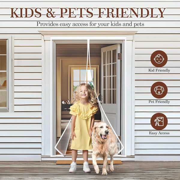 A child stands in front of a white screen door with a magnetic screen, demonstrating easy access for kids and pets.