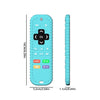A light blue silicone teething remote with buttons and a long cylindrical version shown next to it.