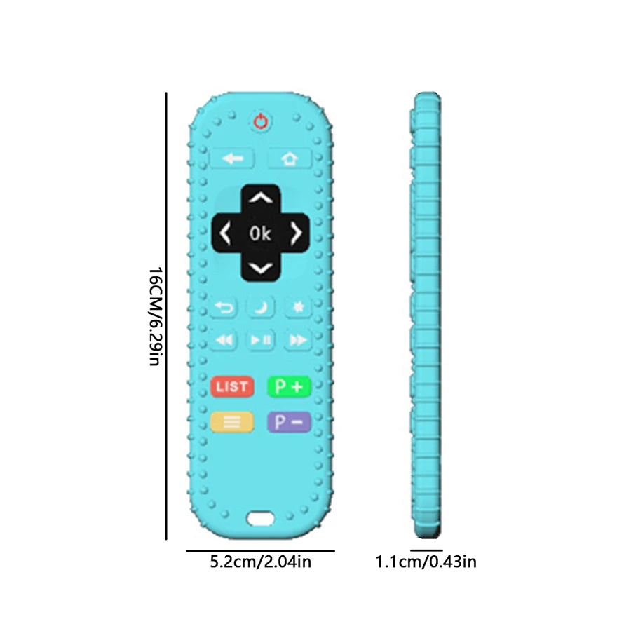 A light blue silicone teething remote with buttons and a long cylindrical version shown next to it.