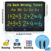 A 16 inch writing tablet displaying mathematical equations and letters, with various pens shown for drawing, spelling, and co