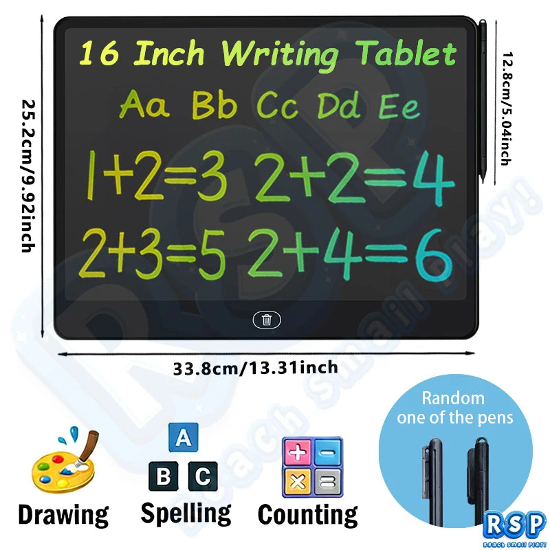 A 16 inch writing tablet displaying mathematical equations and letters, with various pens shown for drawing, spelling, and co