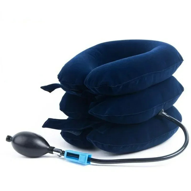A dark blue inflatable cervical traction neck stretcher used for pain relief and relaxation.