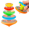A stack of five colorful, layered spinning top toys with different colored plastic bases and spinning tops.
