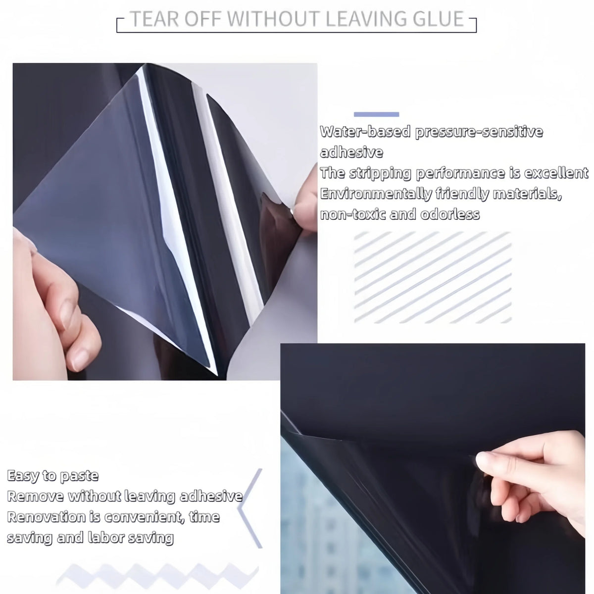 A hand peels off a sheet of black privacy film, demonstrating its easy removal without leaving adhesive residue.