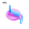 A pink silicone can lid with a blue straw is shown, designed for reusable use.