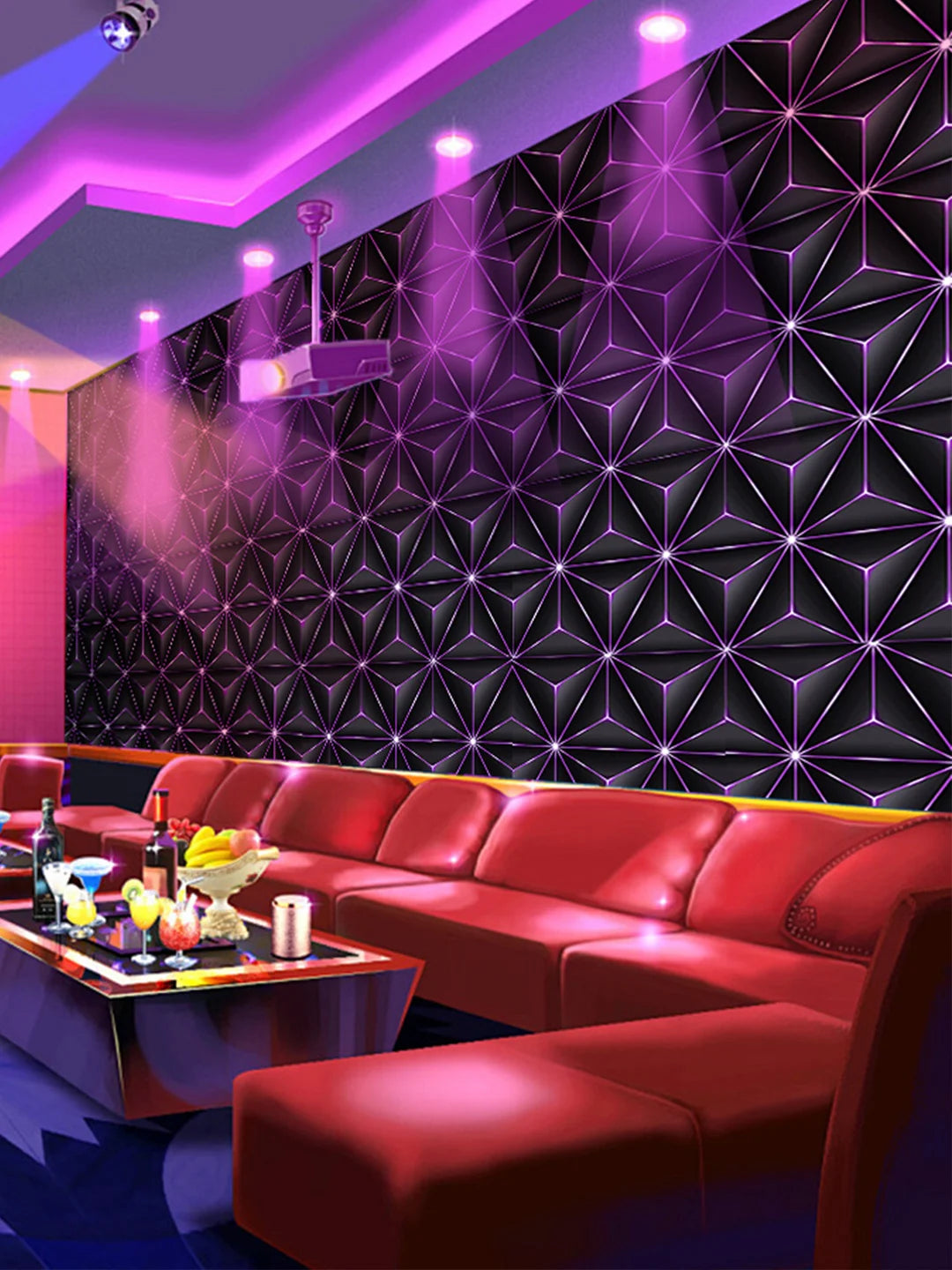 A modern interior featuring a dark geometric wallpaper, red leather seating, and purple accent lighting.