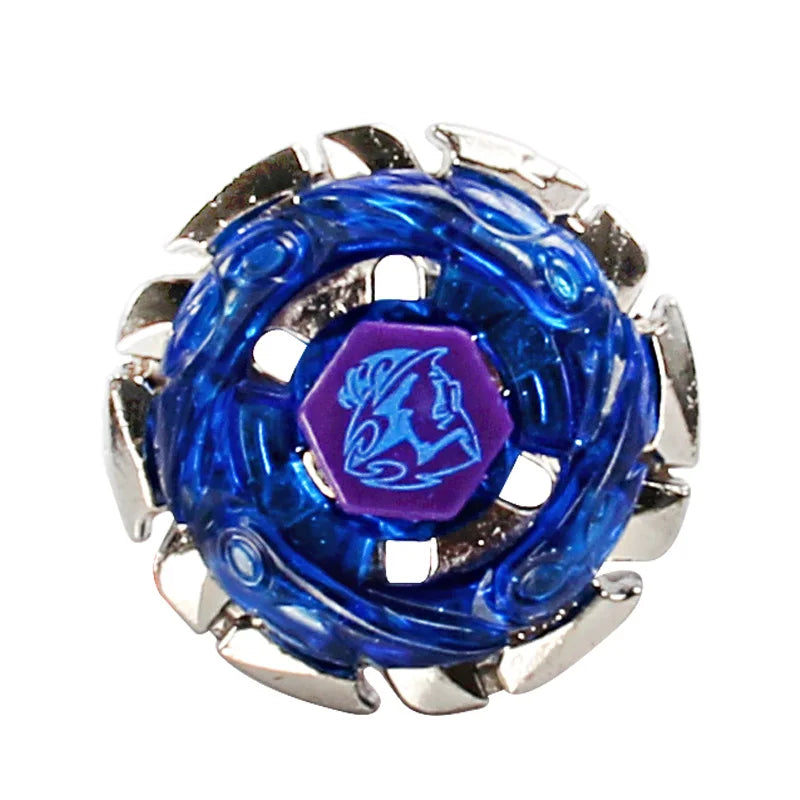 A blue and purple alloy battle spinning top with silver accents.