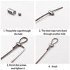 Step-by-step instructions showing how to thread and secure a steel wire rope through holes using screws.