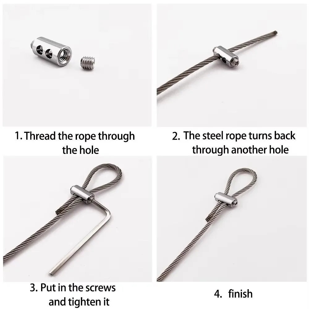 Step-by-step instructions showing how to thread and secure a steel wire rope through holes using screws.