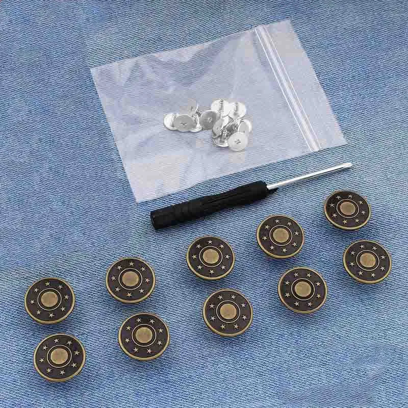 A silver instant no-sew snap button kit is displayed on a translucent plastic sheet.