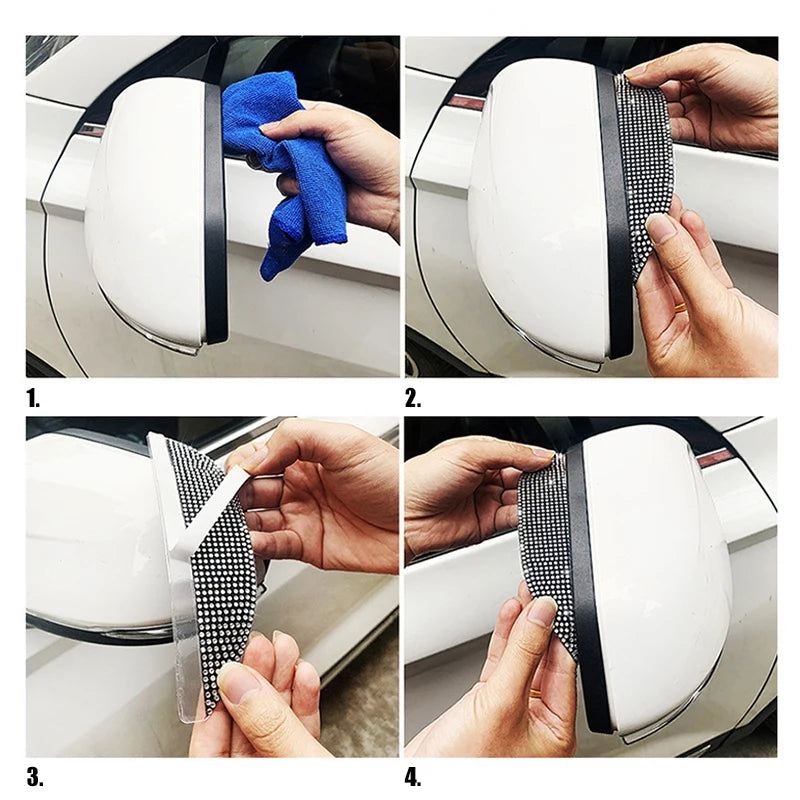 Four steps showing how to install rhinestone car rearview mirror rain guards on a vehicle.