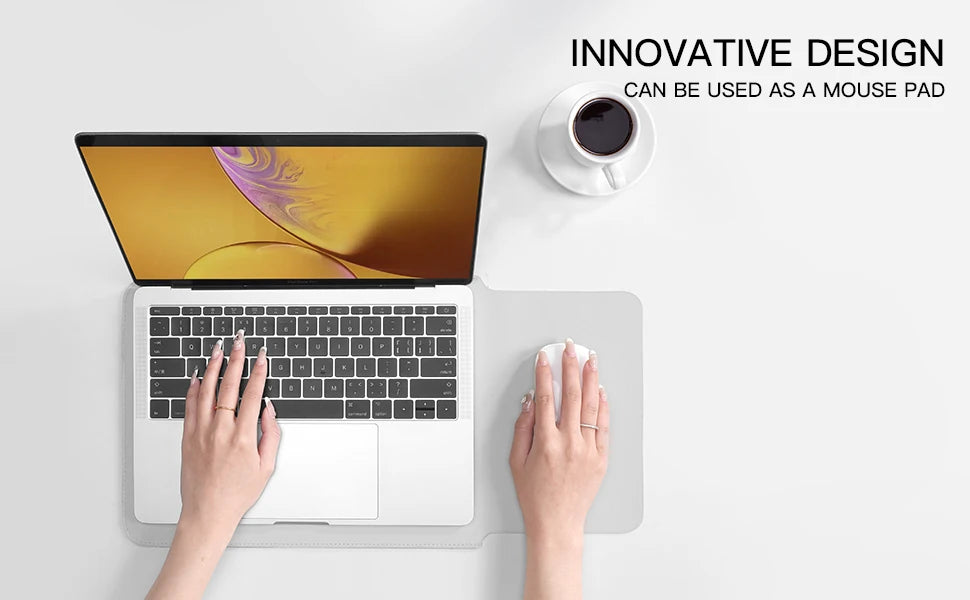 A person is using a laptop and a white mouse pad, demonstrating the innovative design of the product.