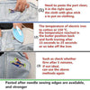 Instructions for applying iron-on patches to clothing, showing steps for cleaning and ironing.