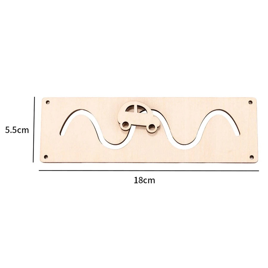 A light wood Montessori busy board featuring a wavy cutout design and a small wooden puzzle piece.