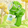 A bright green dinosaur bubble gun is shown with soap bubbles, set against a light green background.