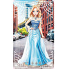A doll dressed in a blue gown with silver accents stands in an outdoor setting.