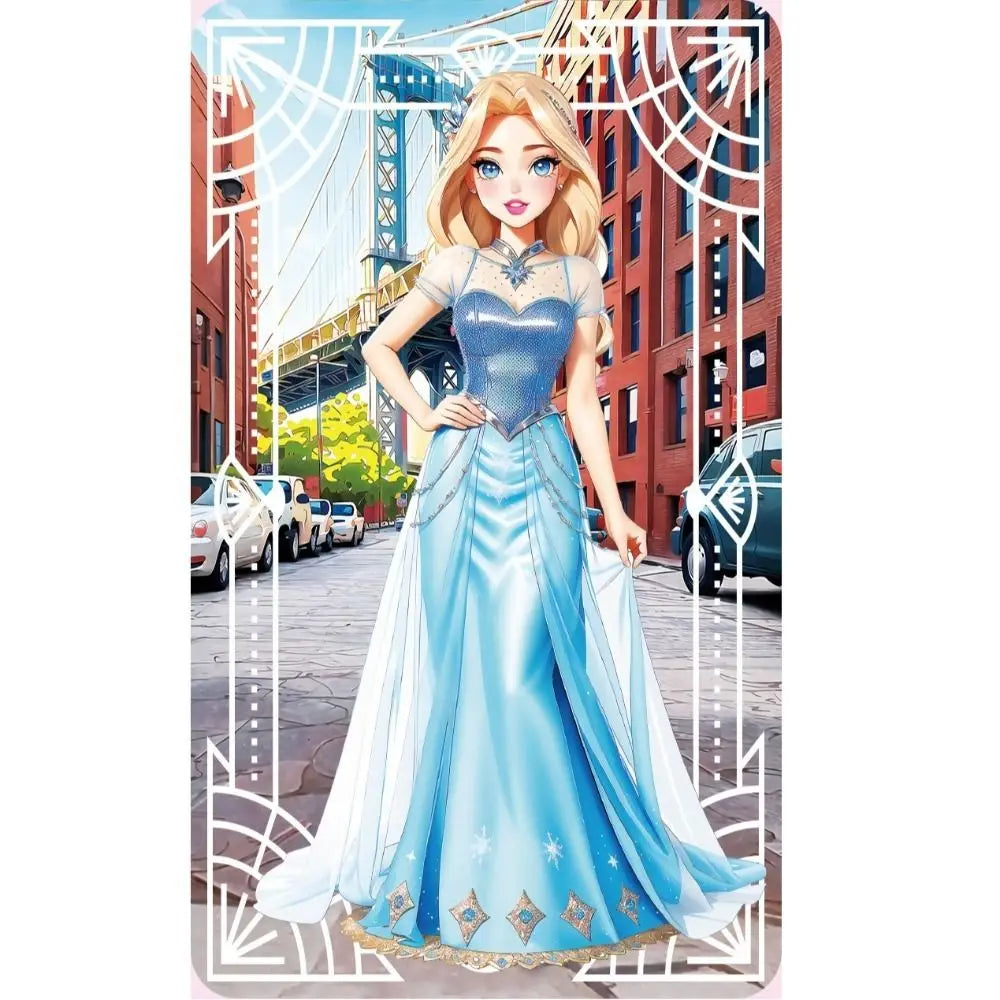 A doll dressed in a blue gown with silver accents stands in an outdoor setting.