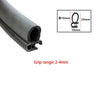 Black U-shaped EPDM rubber edge trim with dimensions showing a 2-4mm grip range.