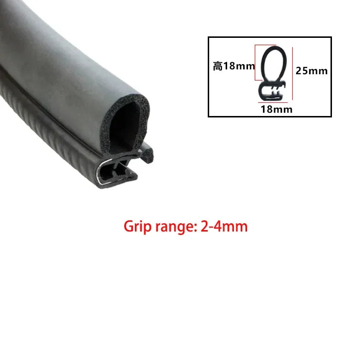Black U-shaped EPDM rubber edge trim with dimensions showing a 2-4mm grip range.