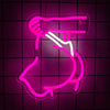 A neon sign shaped like a hand holding a glass, glowing bright pink on a dark purple grid background.