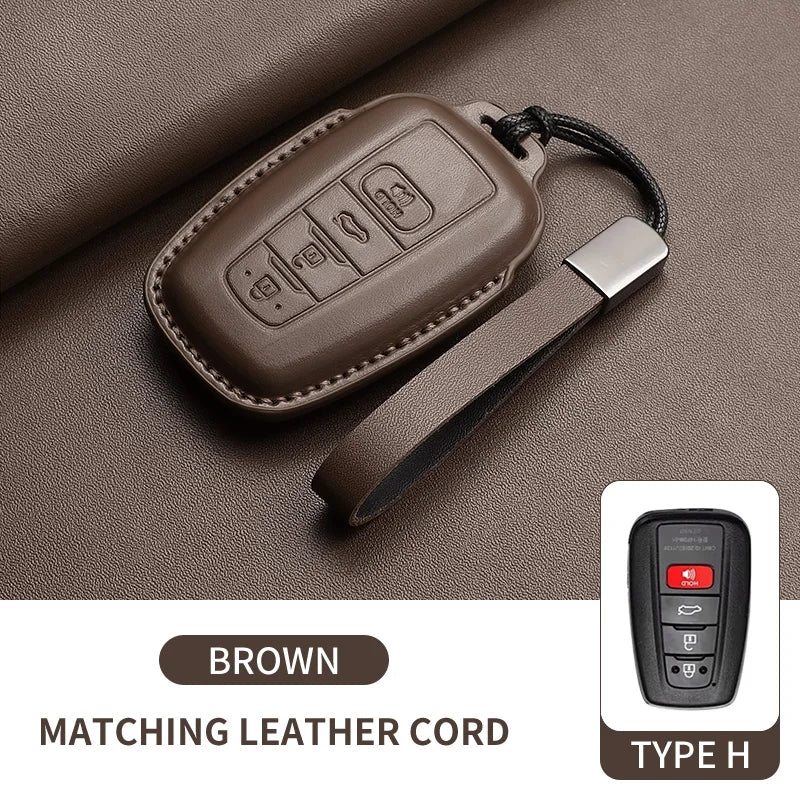 Brown leather cord with a key case cover and lanyard, matching leather for Toyota models.