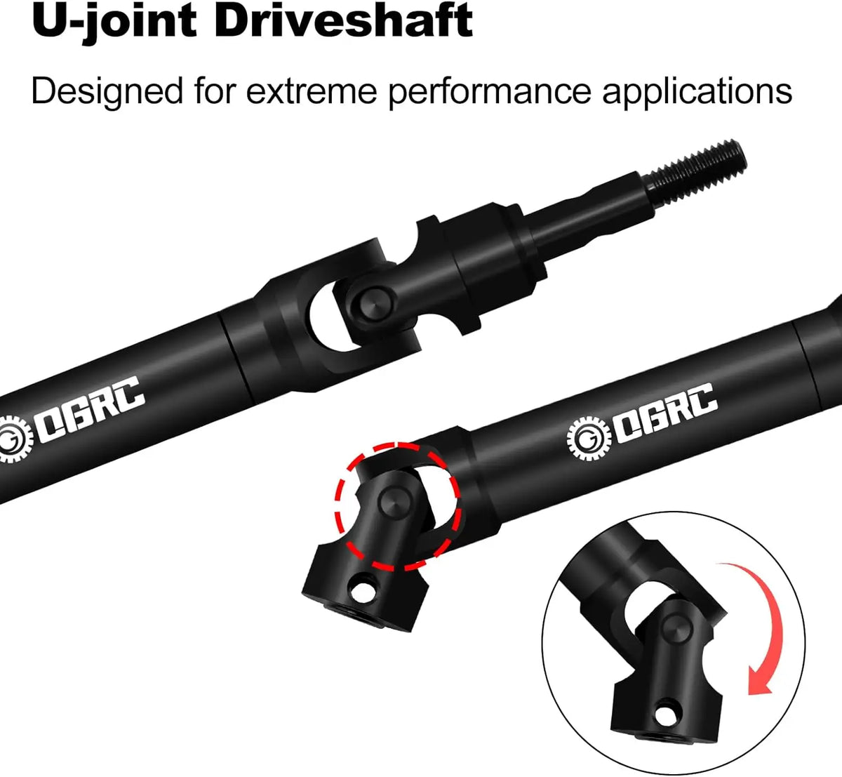 A black U-joint driveshaft is shown, designed for extreme performance applications.