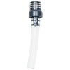 A close-up view of a universal motorcycle one-way fuel tank breather valve with a metal fitting and clear plastic tube.