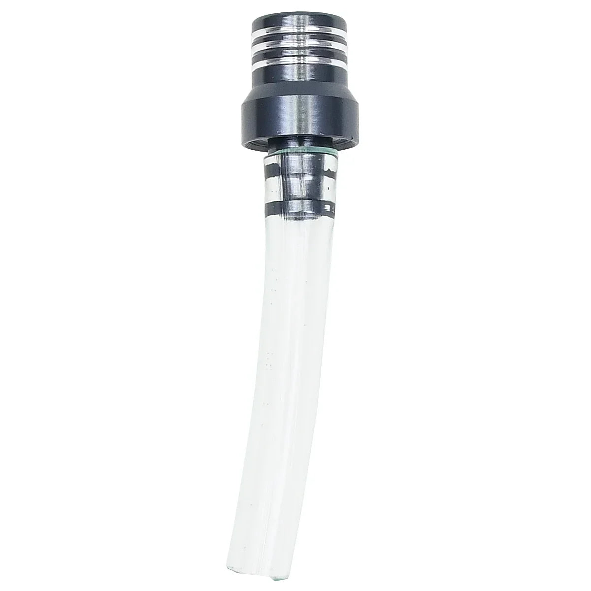 A close-up view of a universal motorcycle one-way fuel tank breather valve with a metal fitting and clear plastic tube.
