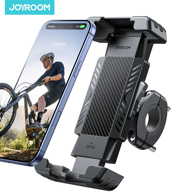 Ein schwarzer Fahrrad-Handyhalter mit verstecktem Tracker neben einem Smartphone