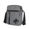 A gray men's lightweight crossbody sling bag with multiple zip pockets and a black strap.