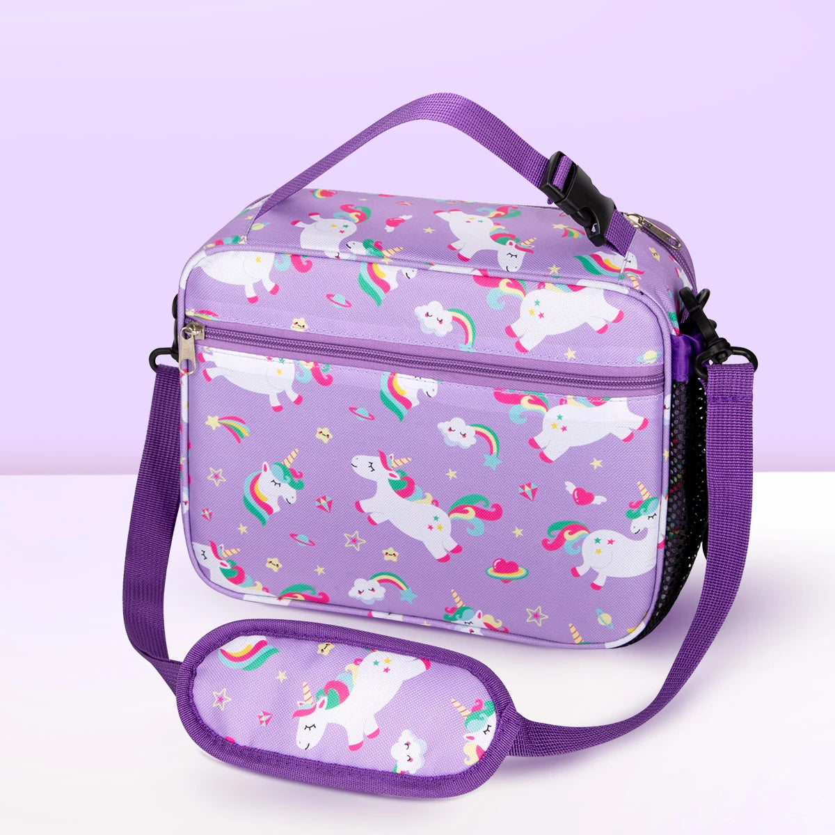 A purple insulated lunch bag featuring a pattern of white and rainbow-colored unicorns on a purple background.